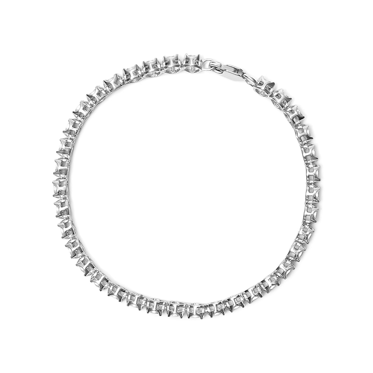 Top-down view of a white metal bracelet with round white gemstones in a miracle setting.