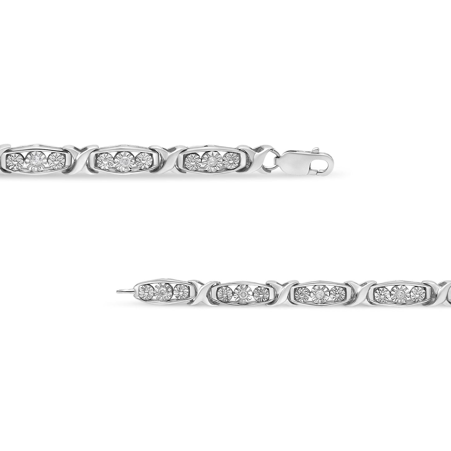 White metal bracelet with linked oval sections, each set with three round white gemstones in a miracle setting, shown in a close-up horizontal view.