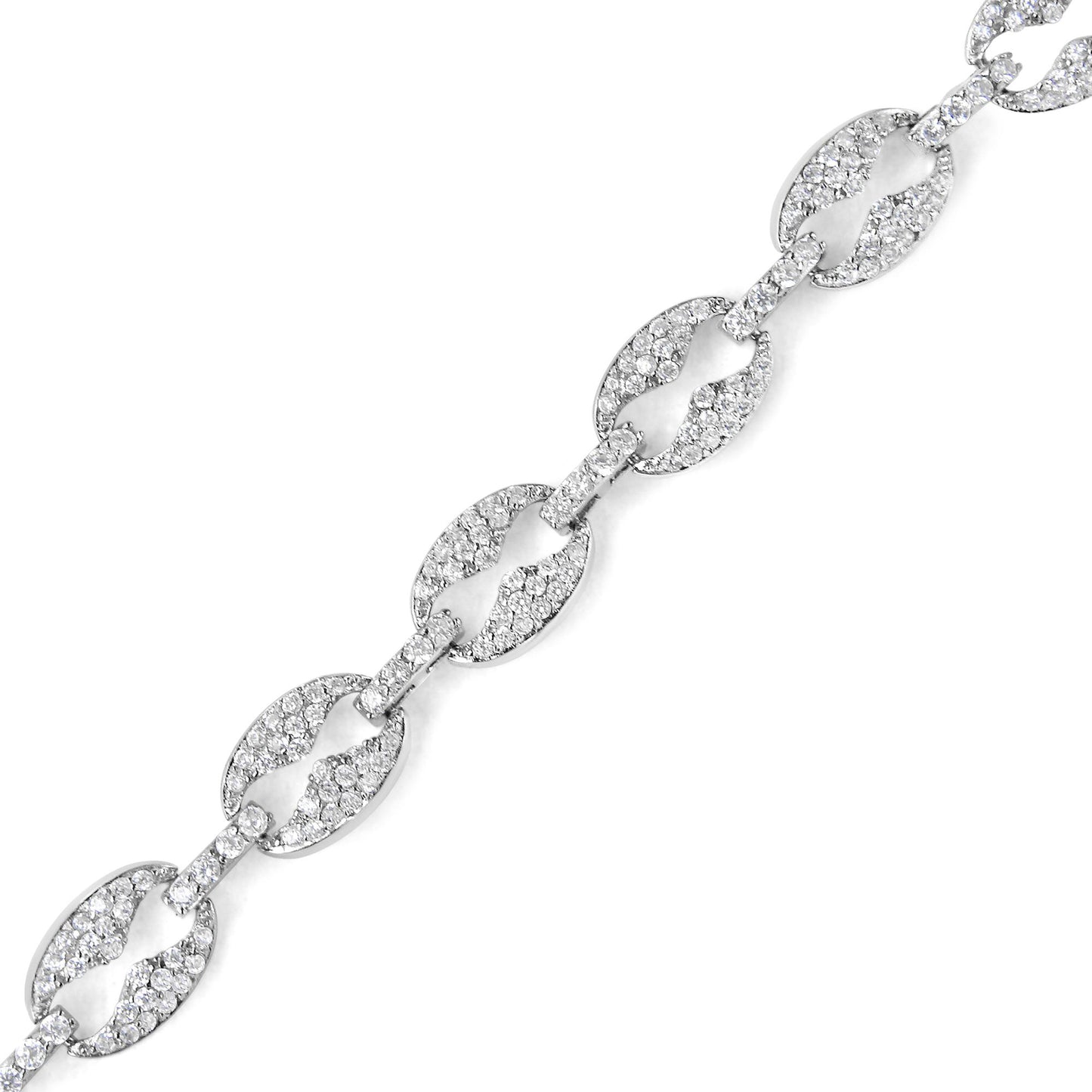 Close-up image of a white metal bracelet with alternating large oval links and smaller rectangular connectors, all adorned with round white gemstones in prong settings, displayed diagonally on a white background.