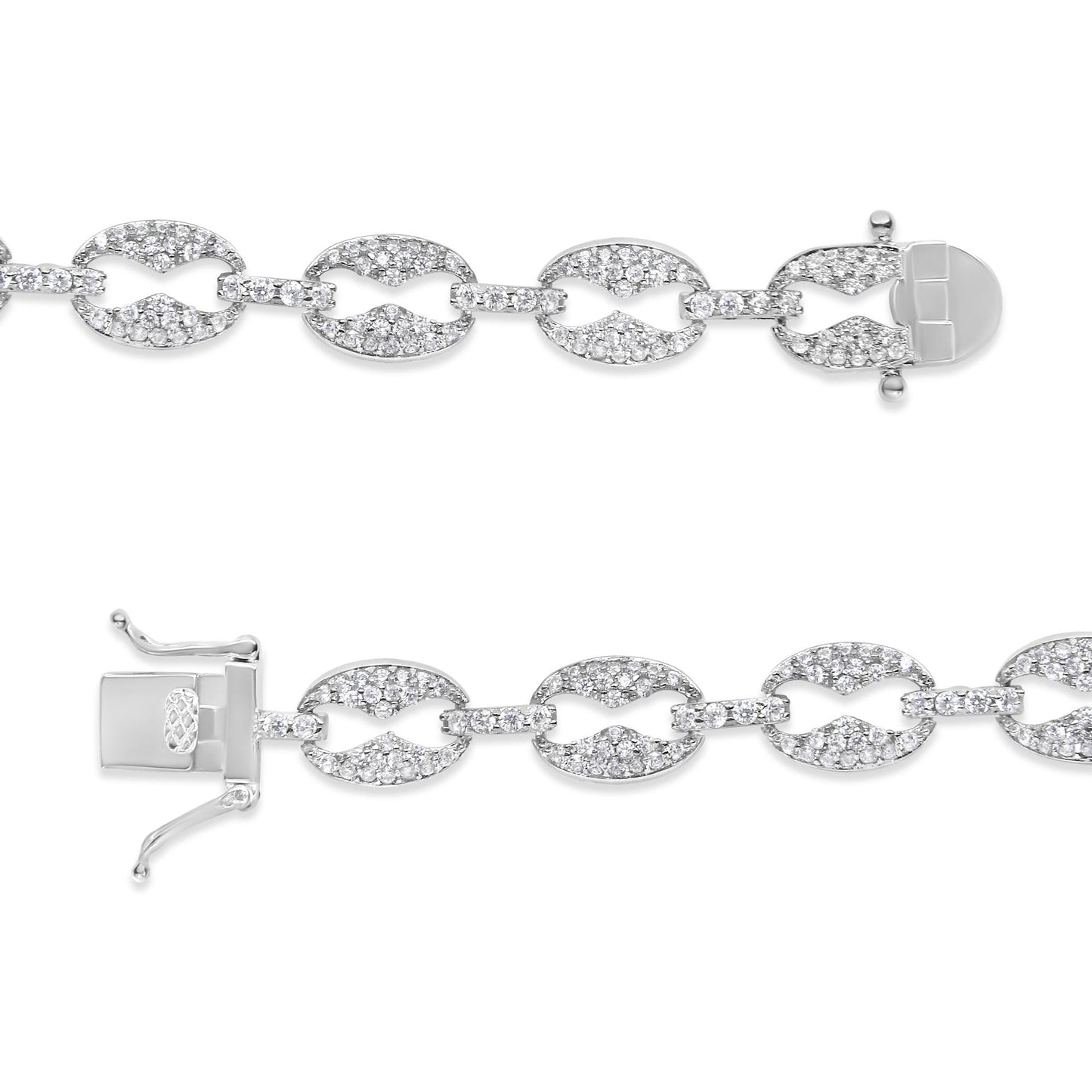 Close-up top-down view of a white metal bracelet featuring linked oval and bar segments encrusted with multiple small white gemstones in prong settings, shown unclasped and laid flat on a white background.