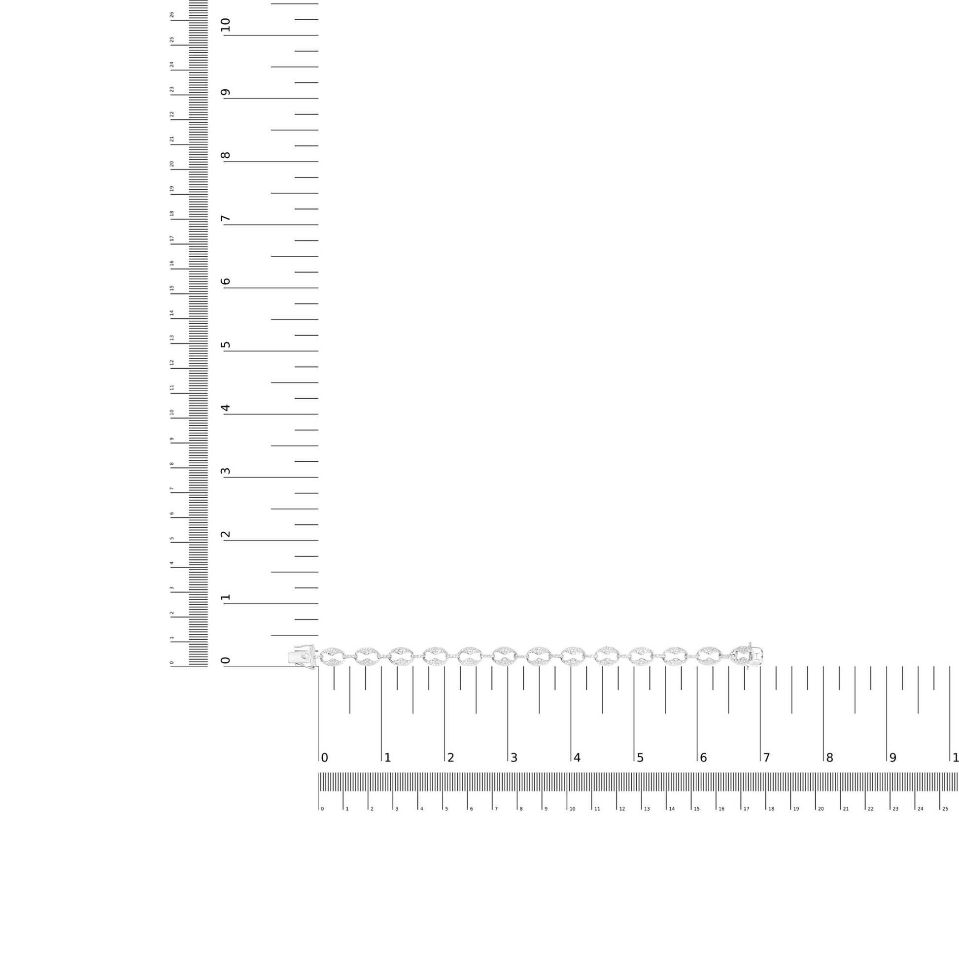 Top-down view of a white bracelet with oval links, each encrusted with small white gemstones, displayed on a ruler for size reference.