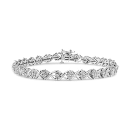 White metal bracelet with round white gemstones in prong settings arranged in a continuous pattern, shown from a front angle on a white background.