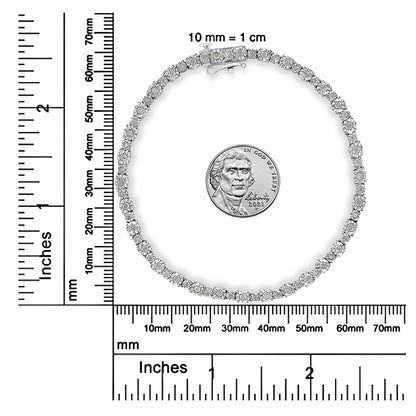 Top-down view of a white bracelet with round white gemstones in a miracle setting, placed on rulers for size reference with a coin inside the bracelet.