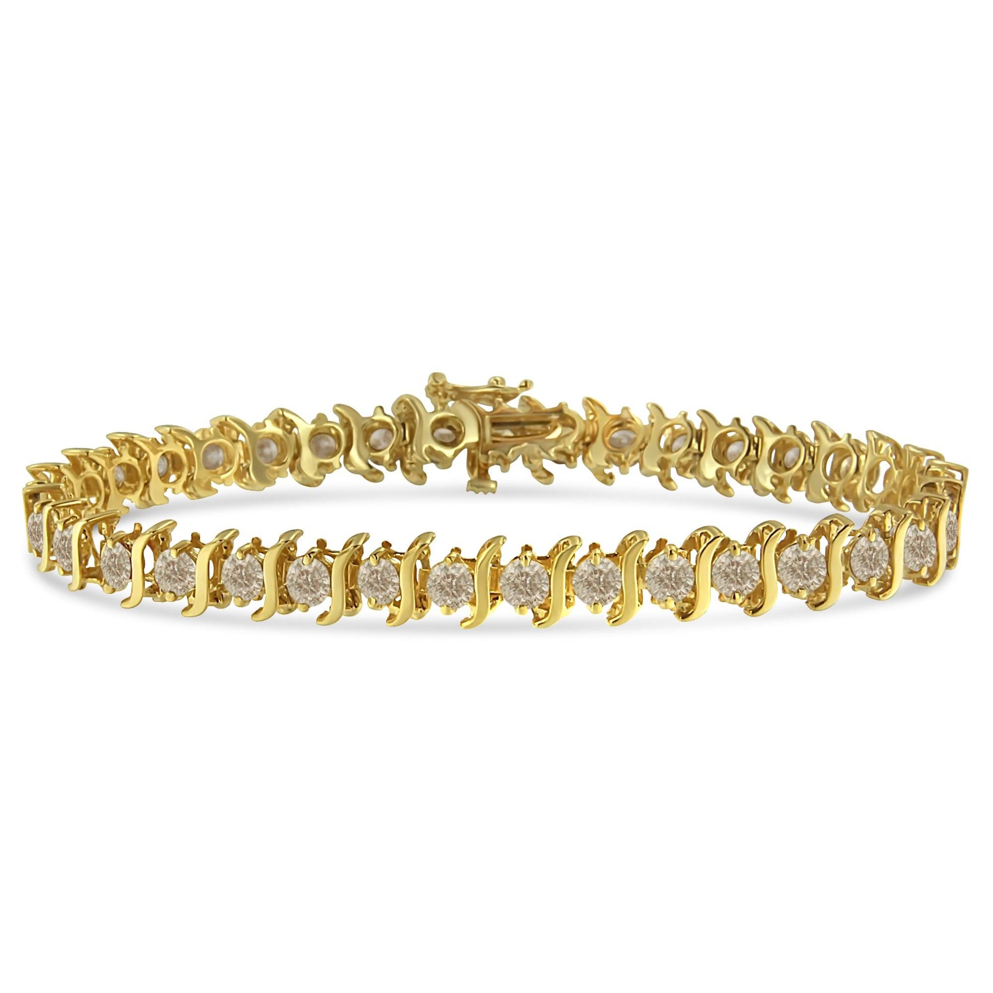 Yellow metal bracelet with round white gemstones in prong settings, shown from a front angled view.