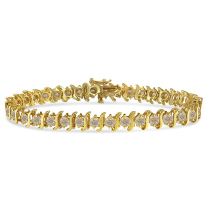 Yellow metal bracelet with round white gemstones in prong settings, shown from a front angled view.