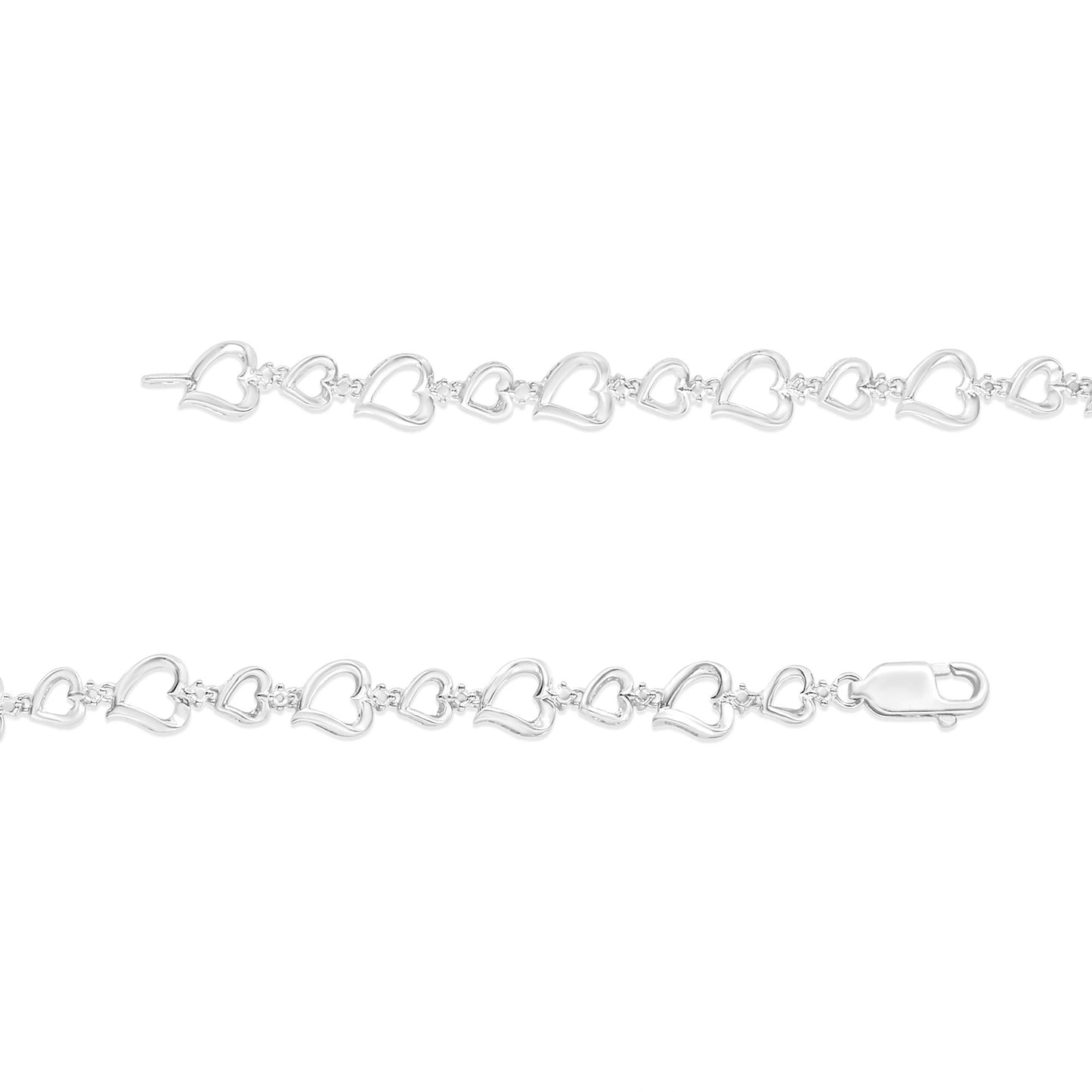 Top-down view of a white metal bracelet with alternating large and small open heart shapes connected by small links, each link featuring a white round gemstone in prong settings, shown on a white background.