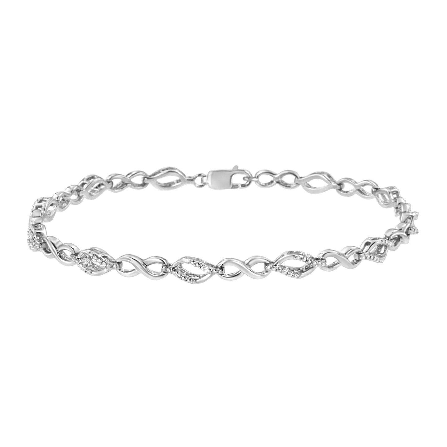 White metal bracelet with alternating twisted links, some adorned with small white round prong-set gemstones, shown from a front angle.