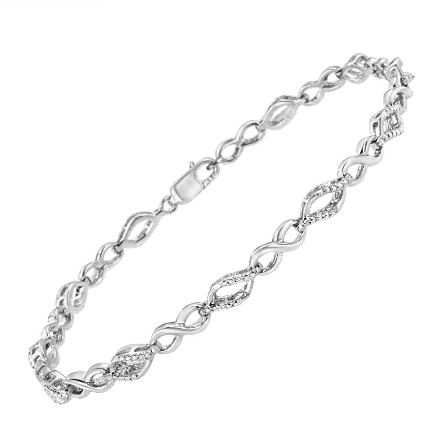 White metal bracelet with twisted links and round white gemstones in prong settings, shown at a slight angle.