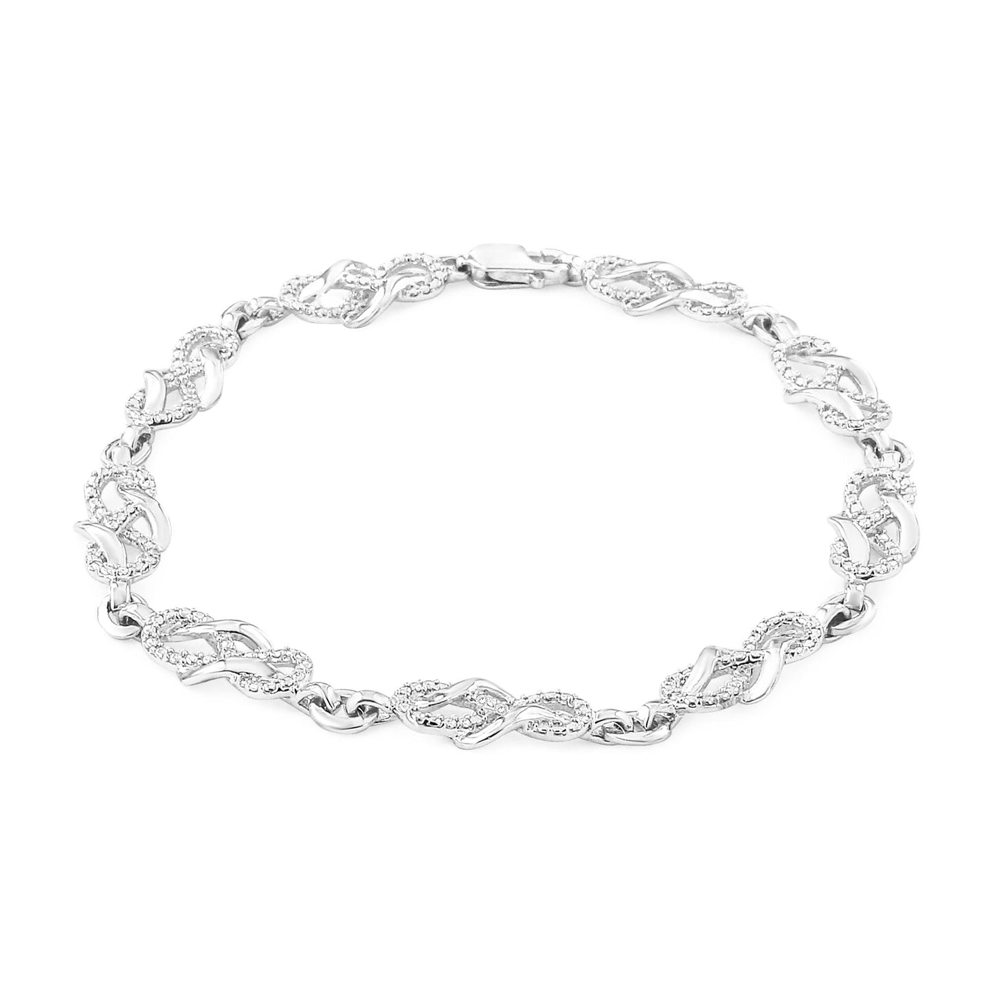White metal bracelet with alternating smooth and white gemstone-accented twisted links, shown in a flat lay from a slightly angled top view.