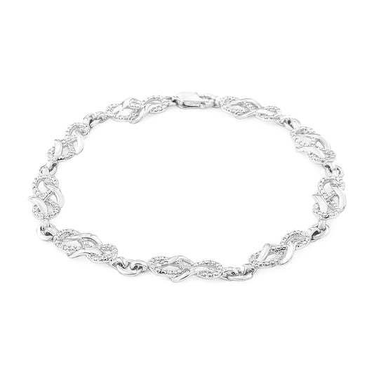White metal bracelet with alternating smooth and white gemstone-accented twisted links, shown in a flat lay from a slightly angled top view.