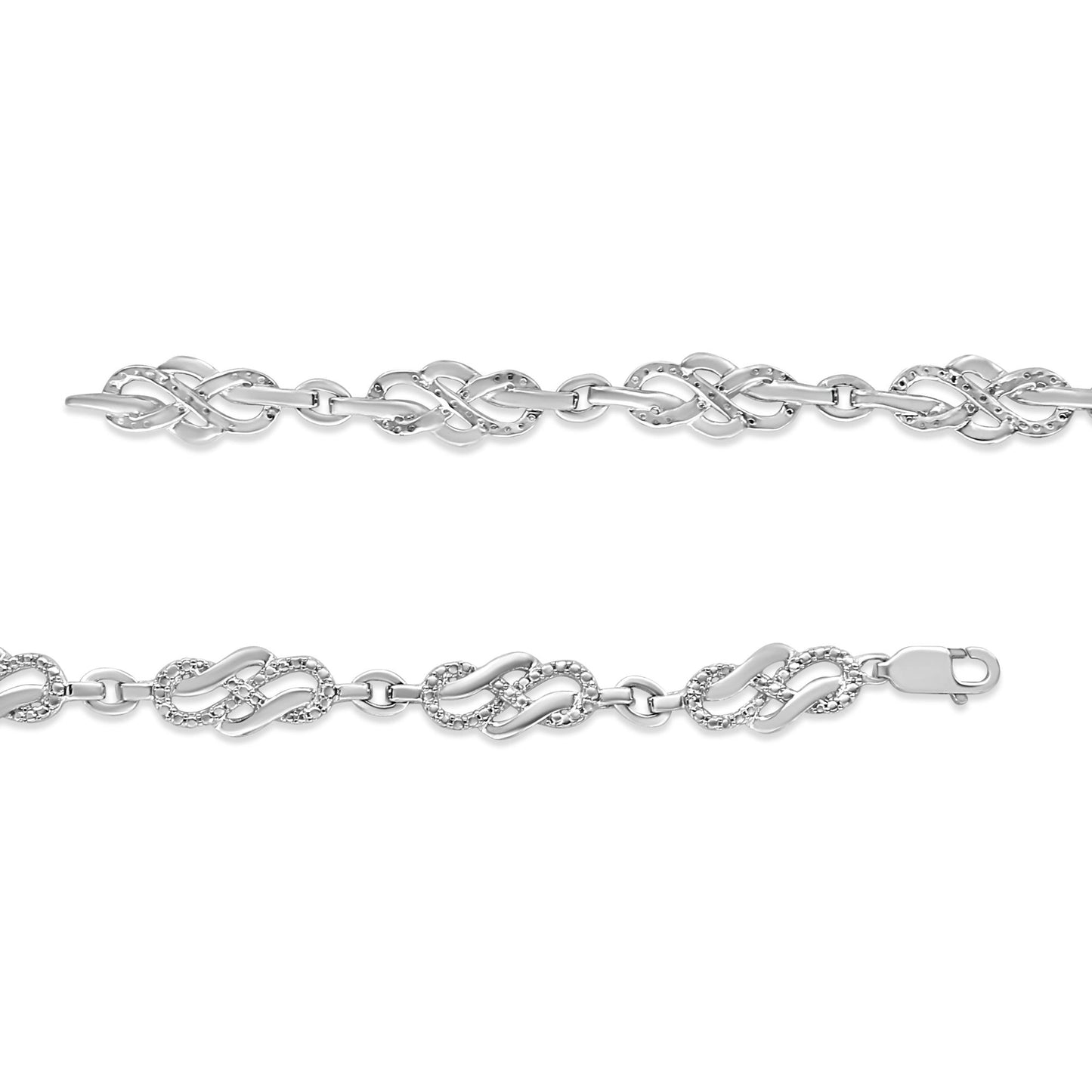Two white metal bracelets with interlocking loop designs, one set with small white gemstones, shown from a top flat angle.