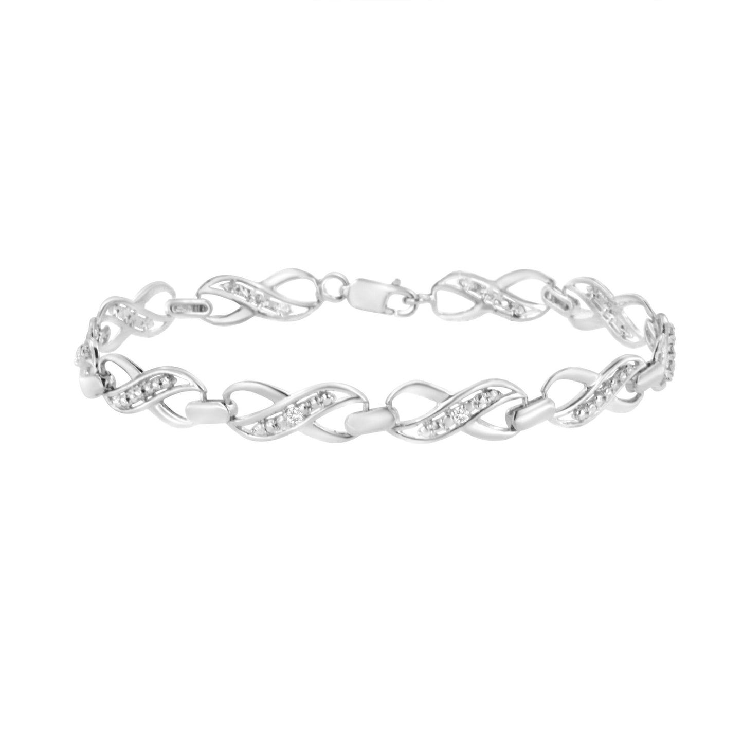 White metal bracelet with alternating twisted link design featuring round white gemstones in prong settings, shown in a side angle view.