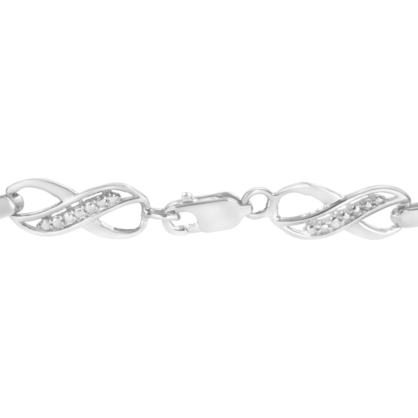 Close-up front view of a white metal bracelet with an infinity-inspired design, featuring small white gemstones set along the curves and a lobster clasp closure.