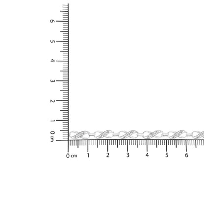 White metal bracelet with twisted links featuring small white gemstones, displayed on ruler for size reference, top-down angle.