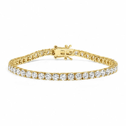Close-up front angle of a yellow bracelet with round white gemstones in a 4-prong setting, displayed on a white background.