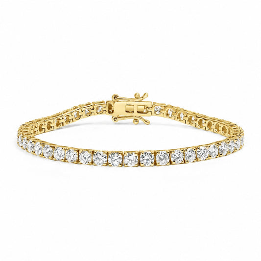 Close-up front angle of a yellow bracelet with round white gemstones in a 4-prong setting, displayed on a white background.