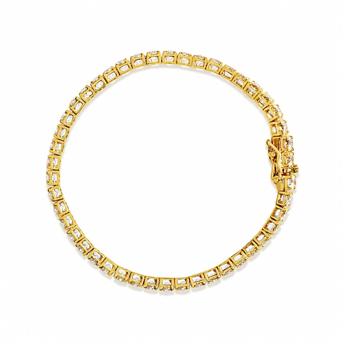 Close-up top view of a yellow bracelet set with round white gemstones in 4-prong settings, shown against a white background.