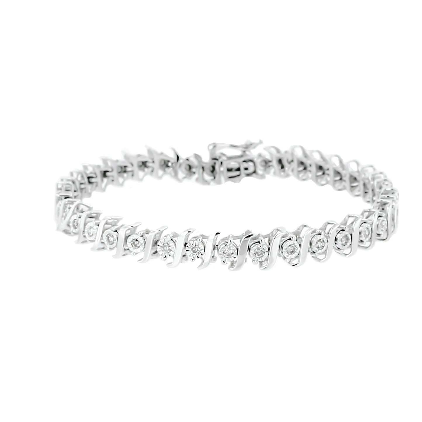 Bracelet in white metal with round white gemstones in a miracle setting, shown at a slight angle on a white background.