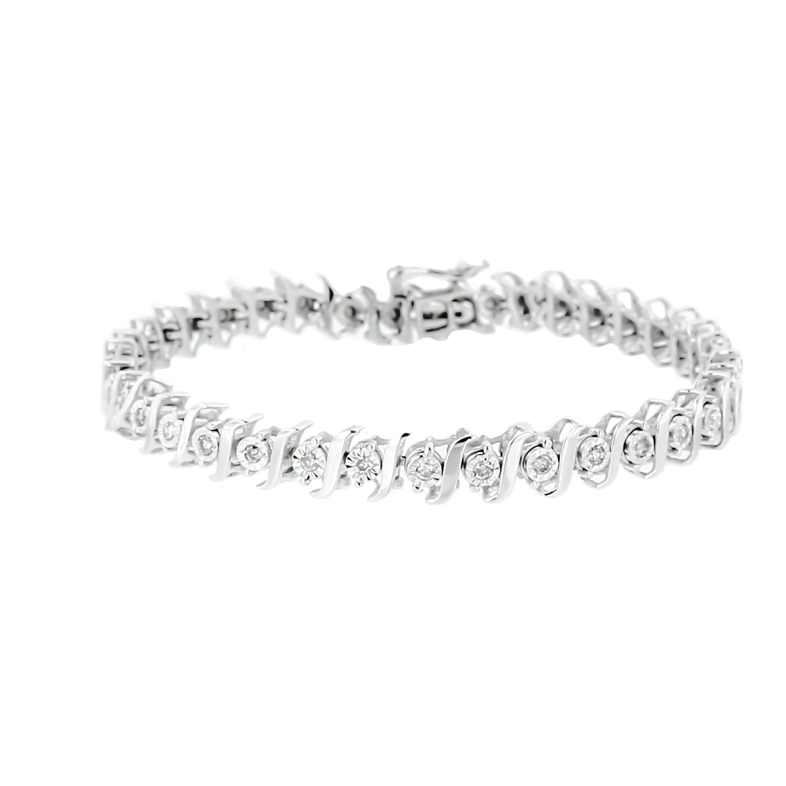 Bracelet in white metal with round white gemstones in a miracle setting, shown at a slight angle on a white background.