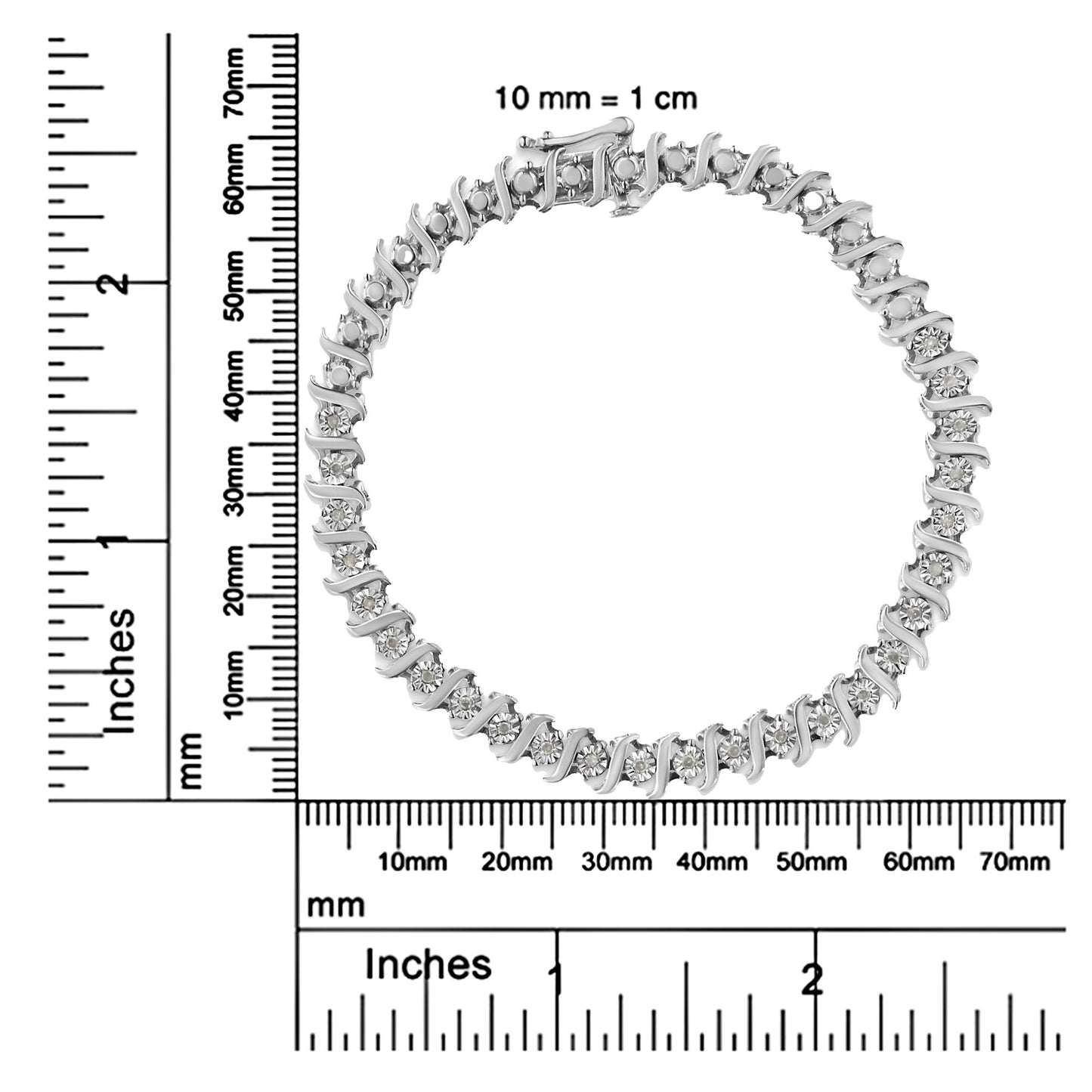 White metal bracelet with round white gemstones in a miracle setting, displayed flat on a ruler for size reference, top-down angle.
