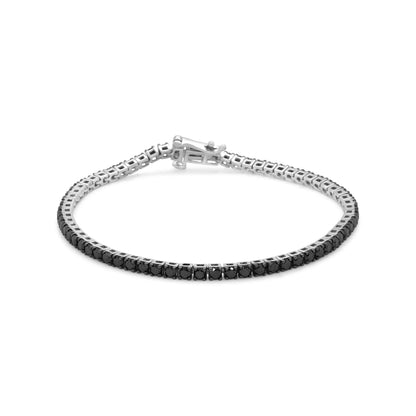 White metal bracelet with black round gemstones in prong setting, shown from a front angle on a white background.