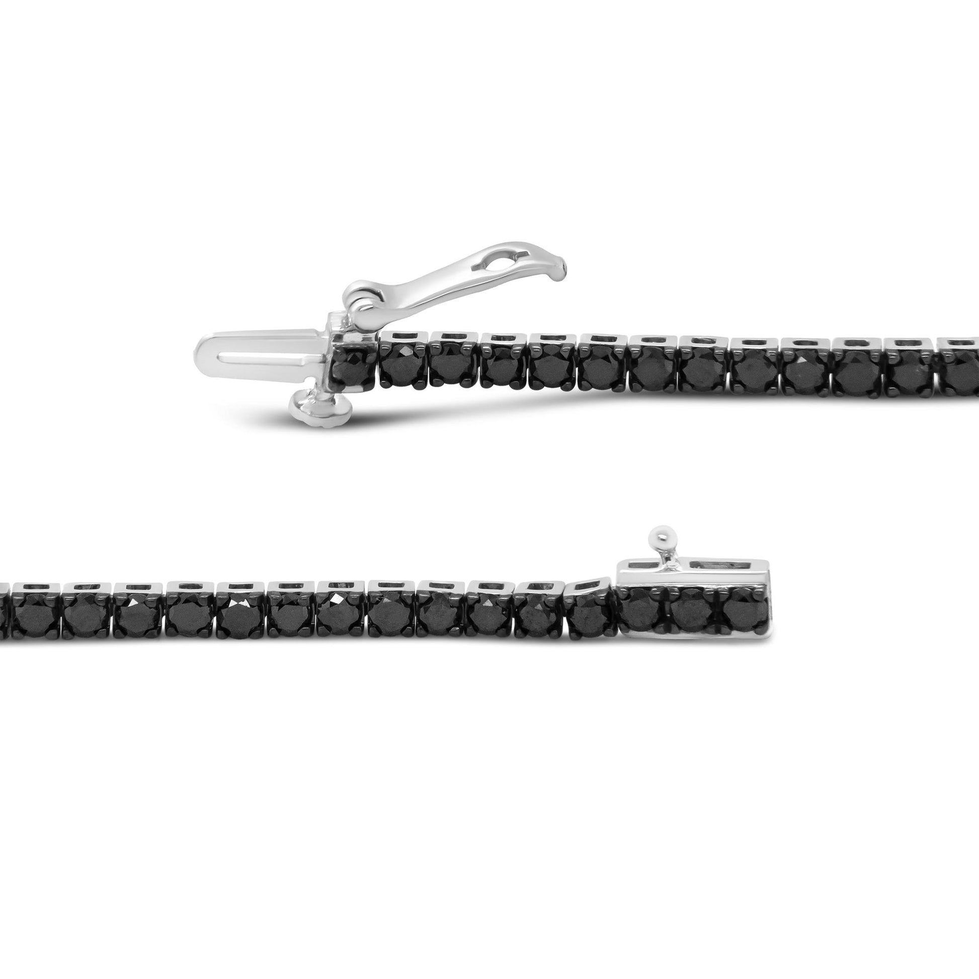 Close-up front angle of a white bracelet with round black gemstones set in prong settings, showing the clasp open.