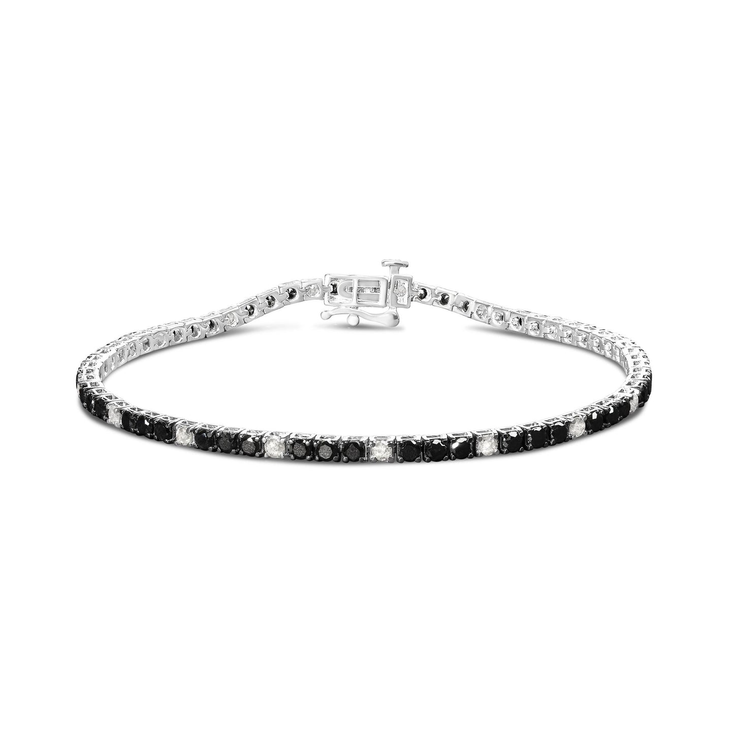 White metal bracelet with alternating rows of round black and white gemstones in 4-prong settings, shown in a front angle view.