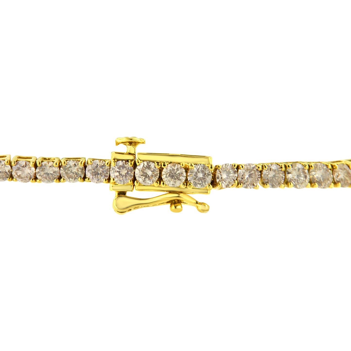 Close-up side view of a yellow metal bracelet with round brownish gemstones in prong settings and a clasp.