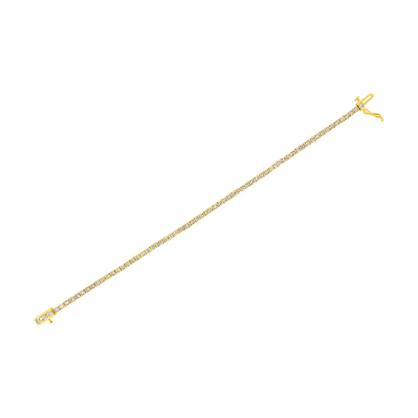 Yellow metal bracelet with round white gemstones in prong settings, shown from a top flat angle.