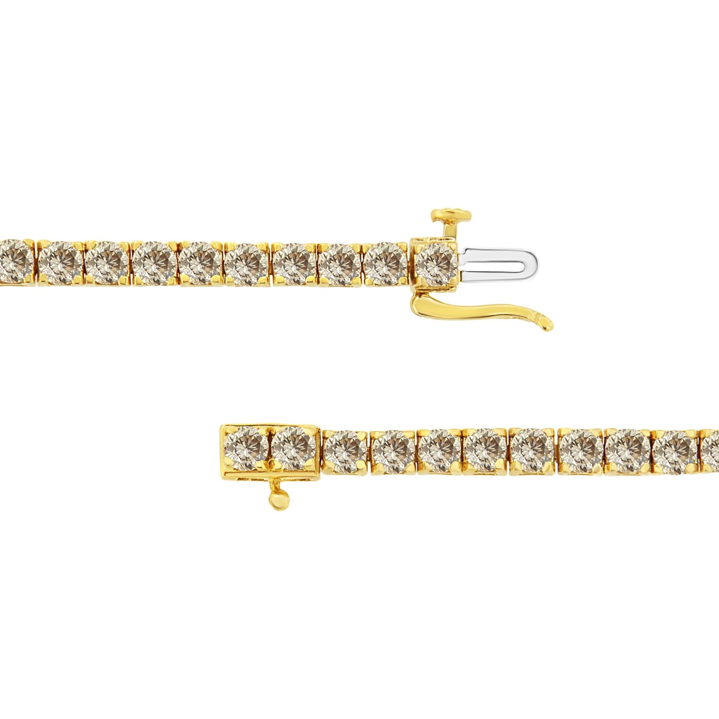 Close-up image of a yellow bracelet with round brownish gemstones in prong settings, shown open from a side angle.