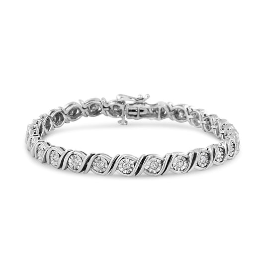 White metal bracelet with round white gemstones in a twisted design, shown at a slight angle.