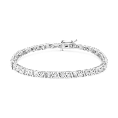 White metal bracelet with round white gemstones in a miracle setting, photographed from a front angle on a white background.