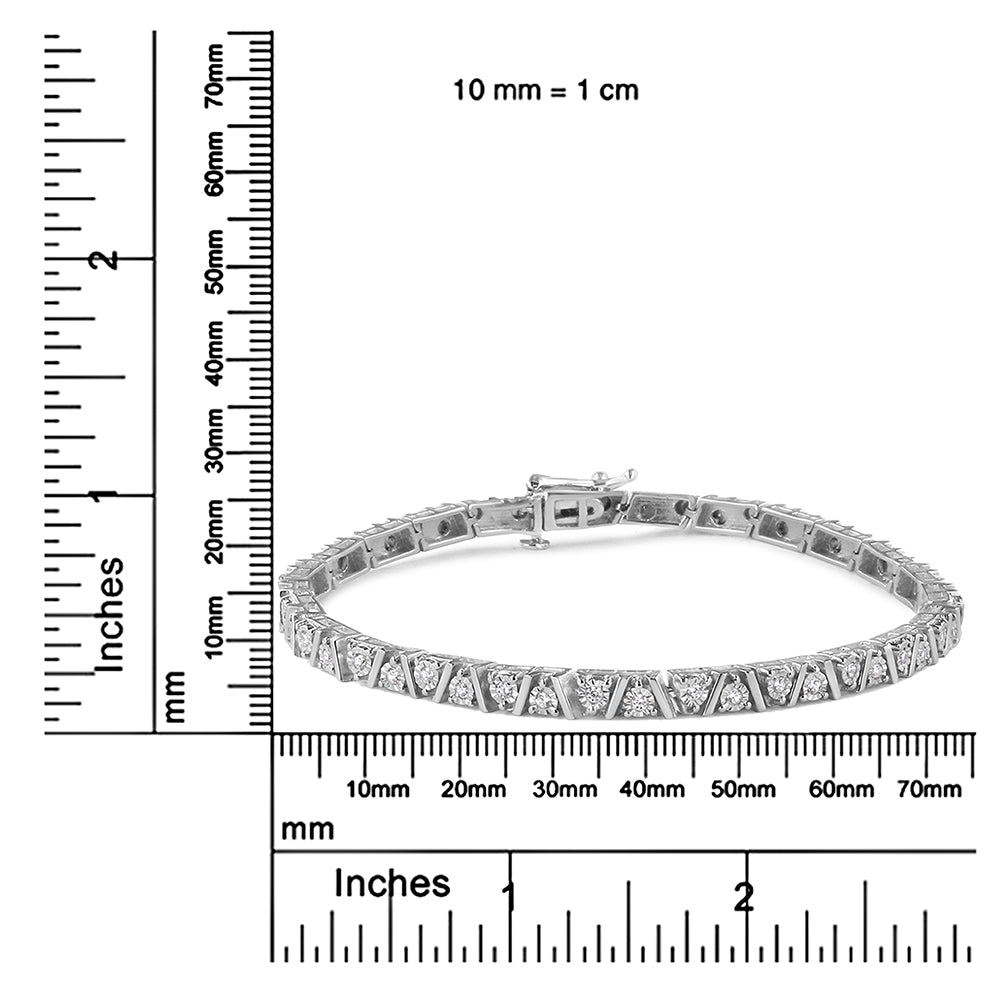 White-colored bracelet with round white gemstones in miracle setting, shown flat on a white background with rulers for size reference, viewed from a slightly elevated front angle.