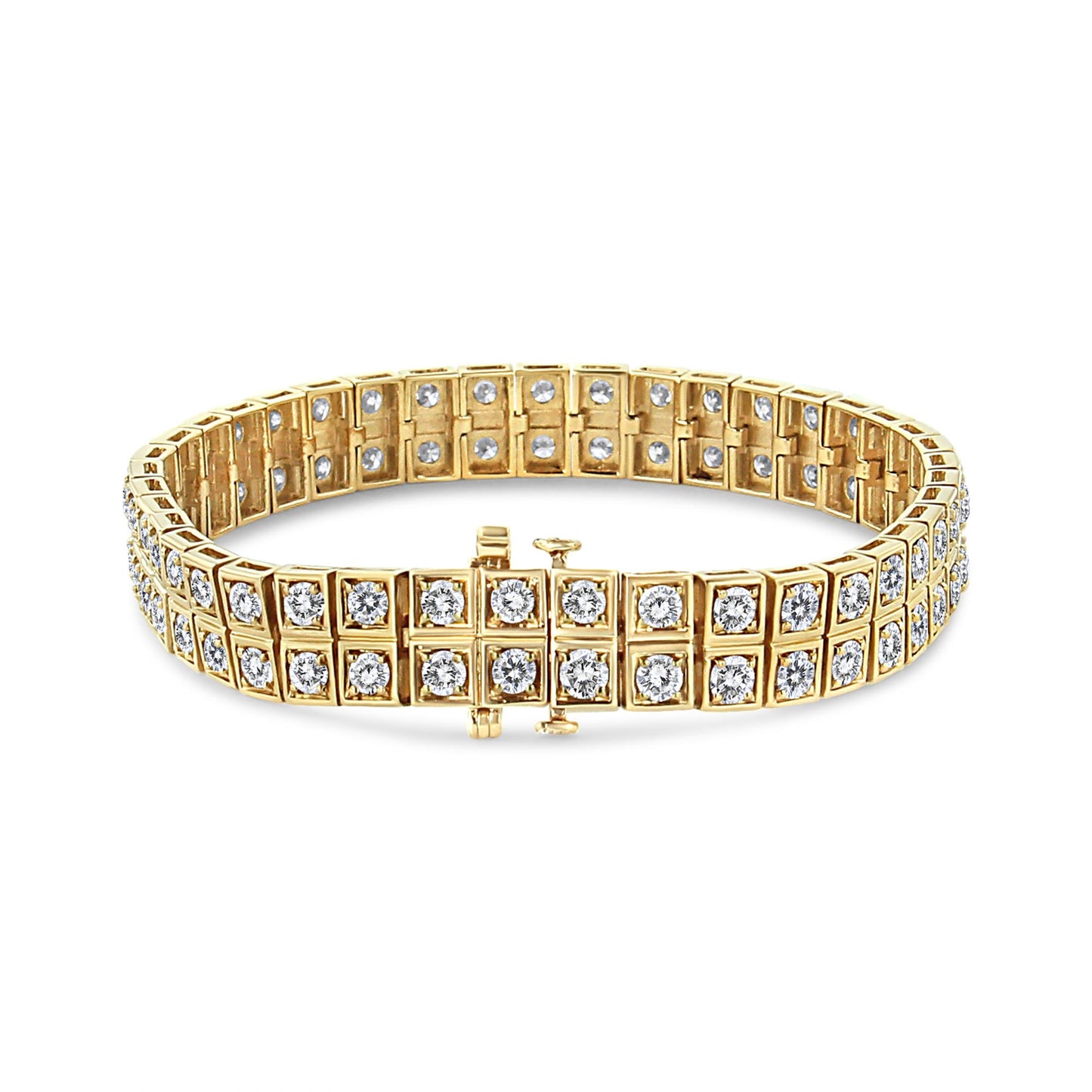 Yellow metal bracelet with round white gemstones in prong settings, shown from a front angle on a white background.