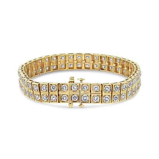 Yellow metal bracelet with round white gemstones in prong settings, shown from a front angle on a white background.
