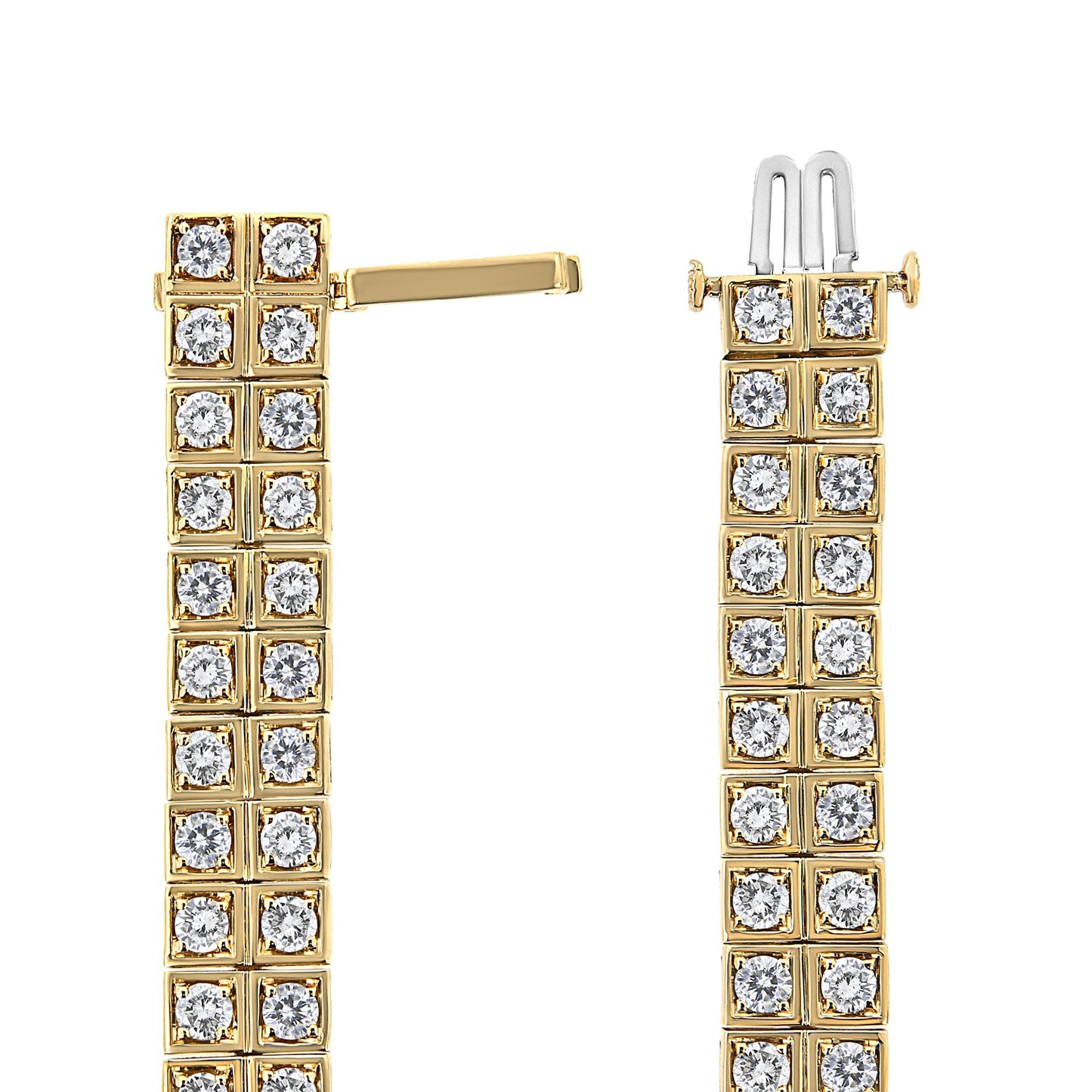 Close-up front angle of a yellow metal bracelet featuring two rows of round white gemstones in prong settings with a visible clasp.