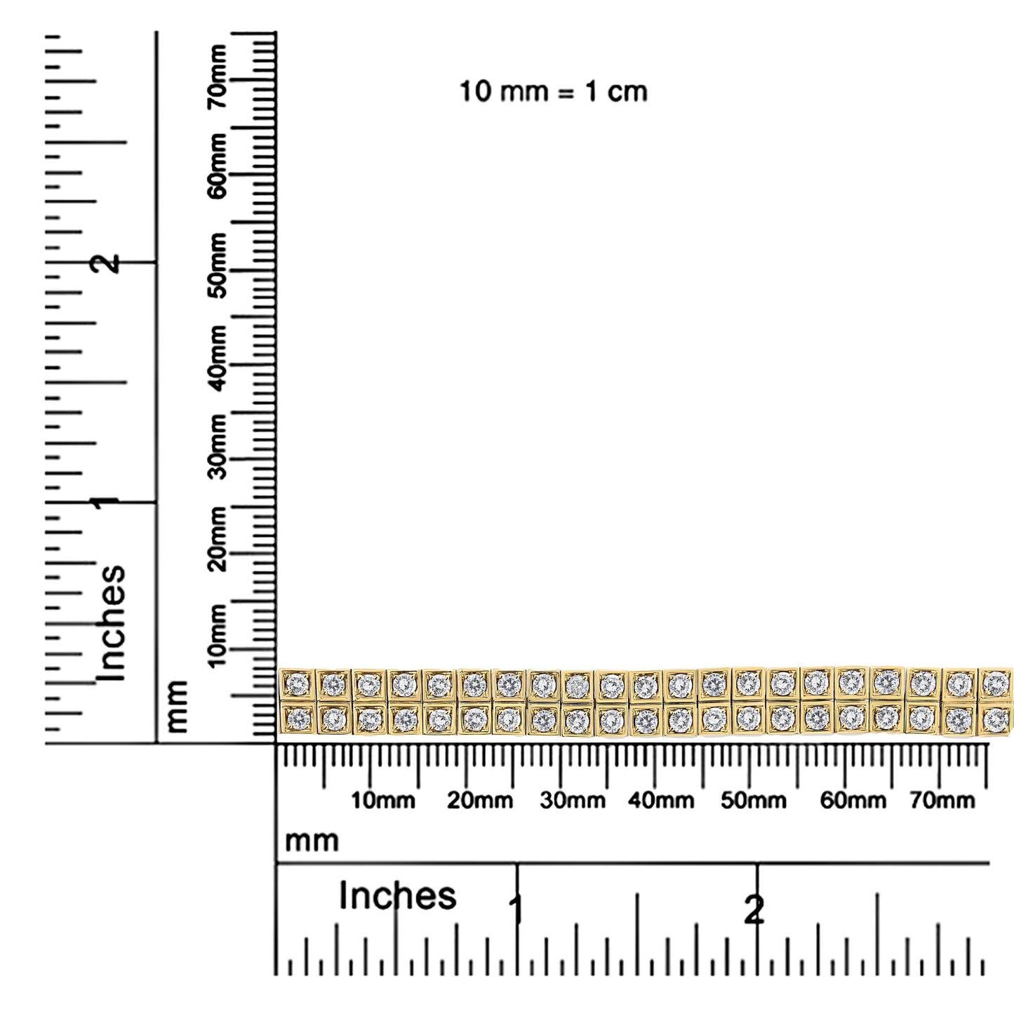Yellow metal bracelet with two rows of round white gemstones in prong settings, shown flat on a ruler for size reference, top-down angle.