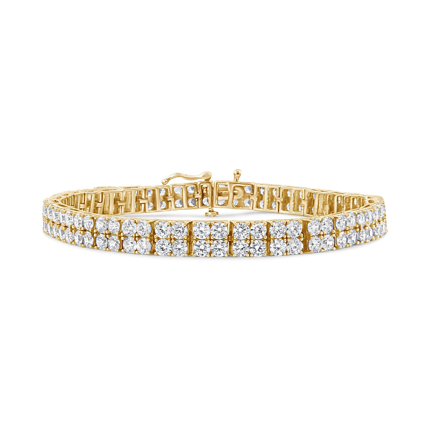 Yellow metal bracelet with two rows of round white gemstones in 4-prong settings, shown from the front angle.