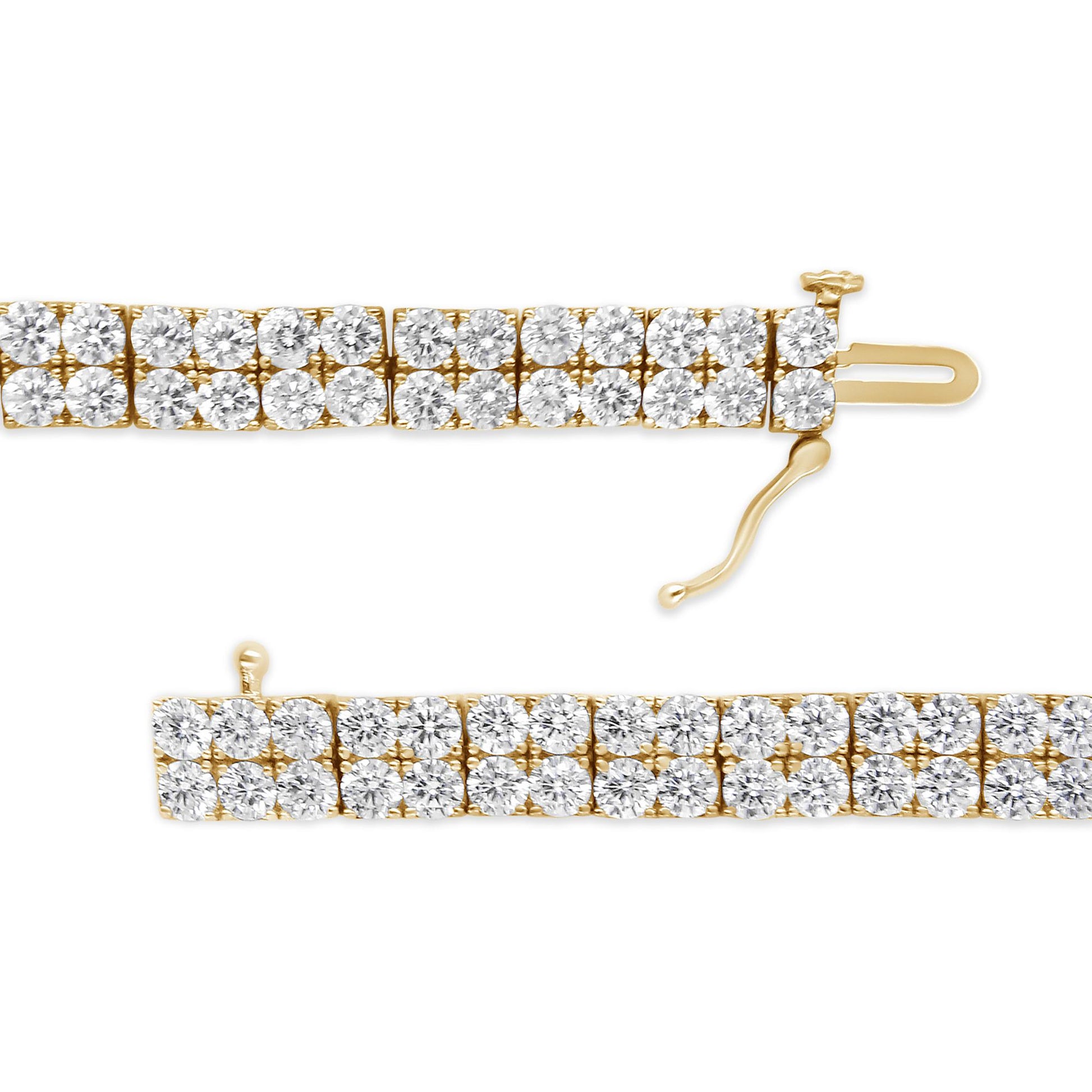 Top and side close-up view of a yellow bracelet featuring multiple rows of round brownish gemstones in 4-prong settings, with the clasp open.
