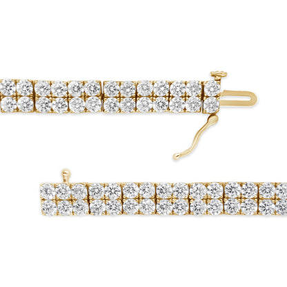 Top and side close-up view of a yellow bracelet featuring multiple rows of round brownish gemstones in 4-prong settings, with the clasp open.
