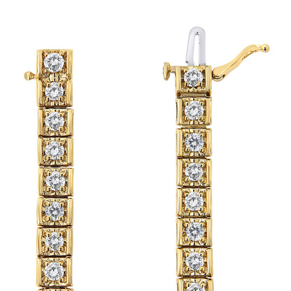 Close-up front view of a yellow metal bracelet with prong-set round white gemstones in square links, showing the clasp partially open.