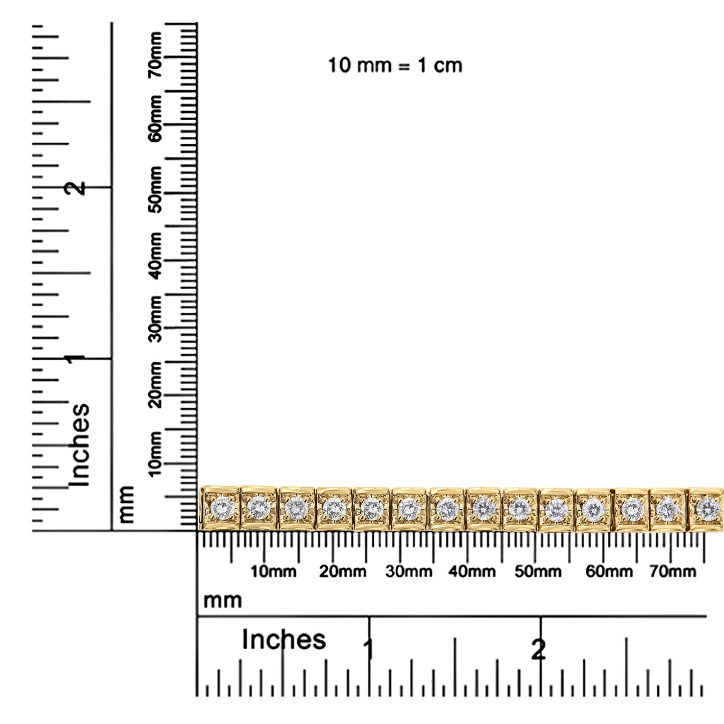 Close-up front angle of a yellow bracelet with round brownish gemstones in prong settings, displayed on rulers for size reference.