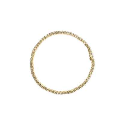 Top-down view of a yellow metal bracelet with round white gemstones in prong settings arranged in a continuous line forming a circle.
