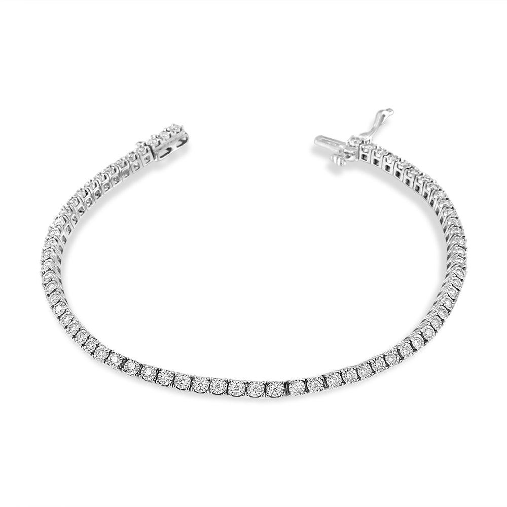 White metal bracelet with round white gemstones in a miracle setting, shown from a top angle against a white background.