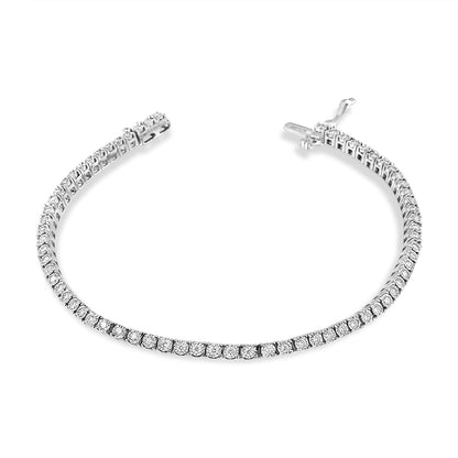 White metal bracelet with round white gemstones in a miracle setting, shown from a top angle against a white background.