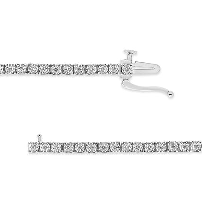 Top-down view of a white metal bracelet with round white gemstones in a miracle setting, showing the clasp open on a white background.