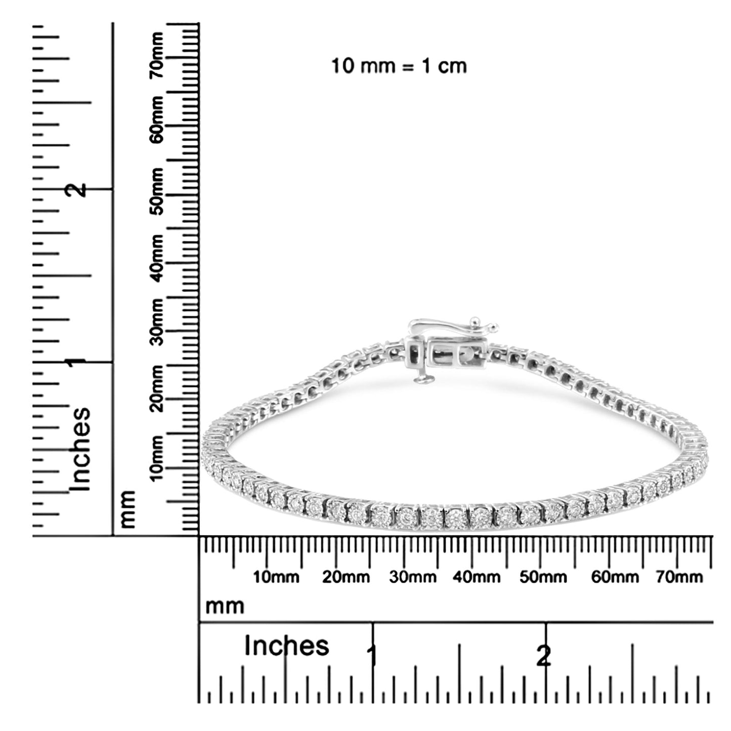 White metal bracelet with round white gemstones in a miracle setting, shown flat beside rulers for size reference, shot from the front.