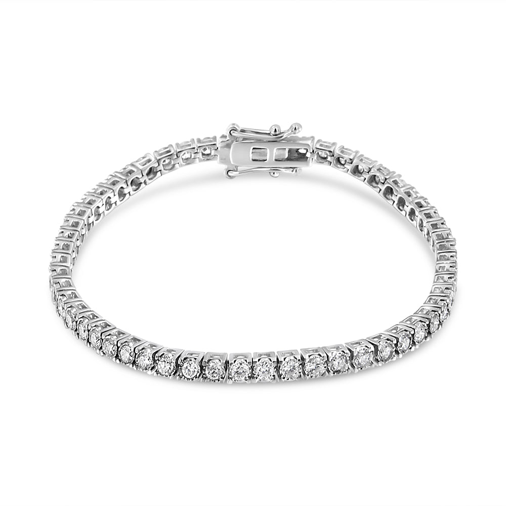 White metal bracelet with round white gemstones in miracle setting, shown from a slightly elevated front angle.