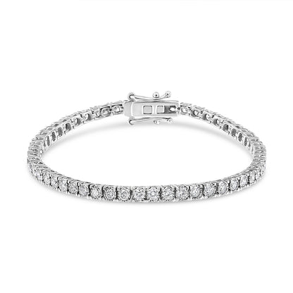 White metal bracelet with round white gemstones in a miracle setting, shown in a close-up front angle on a white background.