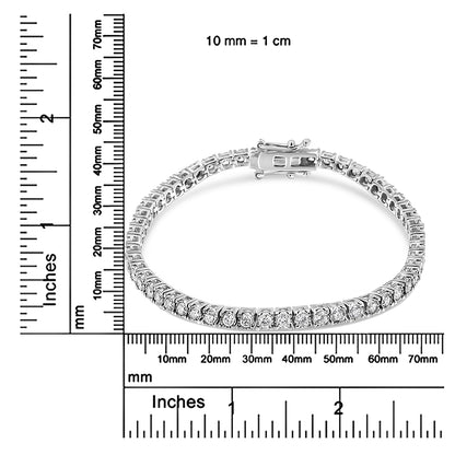 White metal bracelet with round white gemstones in miracle setting, displayed flat on a ruler for size reference, top-down angle.
